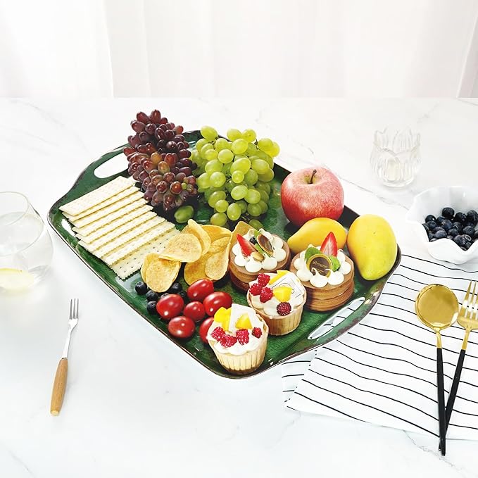 TP Serving Trays with Handles, 17 Inch Large Rectangular Melamine Serving Platter Set of 2, Retro Green