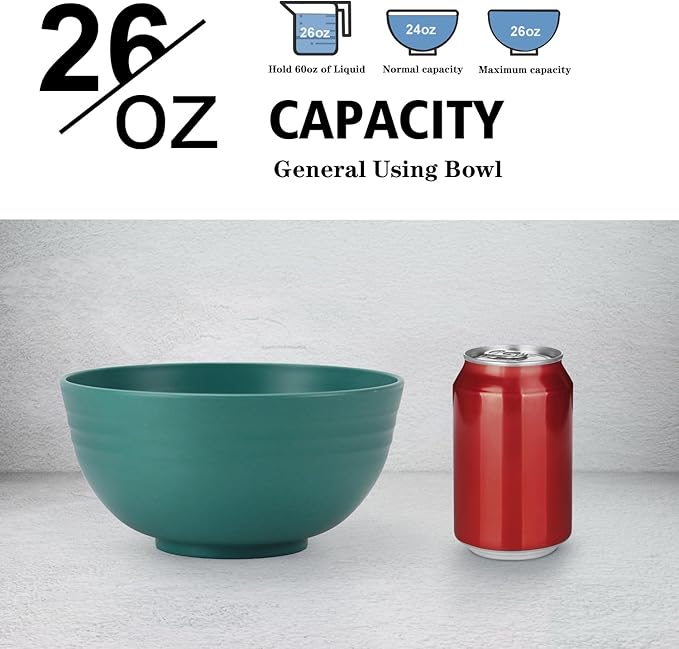 Wheat Straw Bowl Sets,8 PCS Unbreakable Cereal Bowls 26 OZ,Microwave and Dishwasher Safe Bowls,Kids Bowl suitable for cereal,salad,snack and soup (Green)