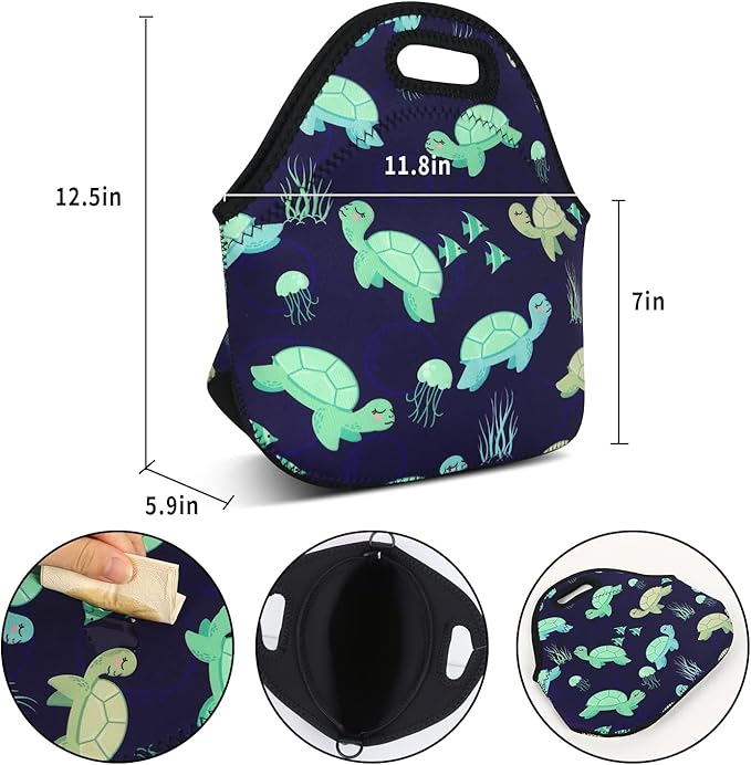 Violet Mist Neoprene Lunch Bag Women Insulated Cute Lunch Bag Tote Reusable Waterproof Cooler Animal Lunchbox Handbag Gift for Shopping Gourmet Tote with Zipper Work Picnic（turtle）