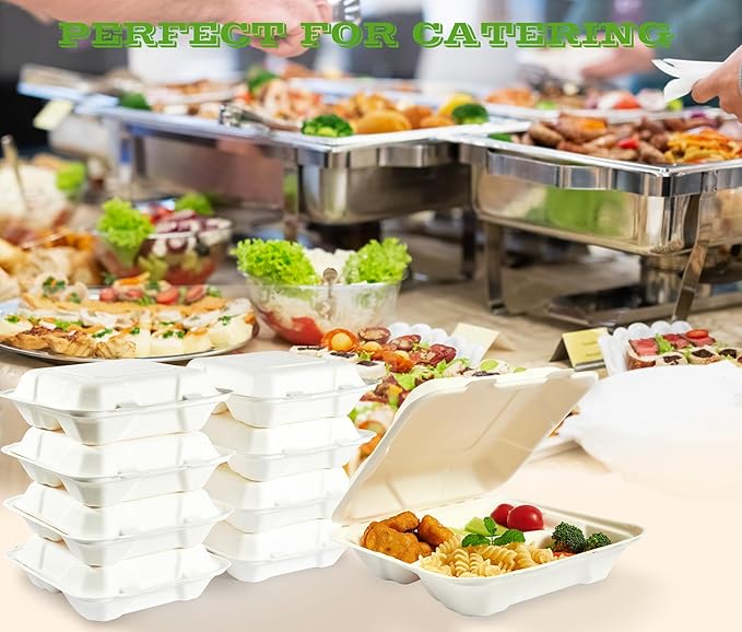 Vplus 300 PACK 100% Compostable Clamshell Take Out Food Containers, 8 inch x 8 inch Eco-Friendly Disposable, 3 Compartment, Heavy-Duty Bagasse To-Go Containers for Next Day Lunch, Potluck Party