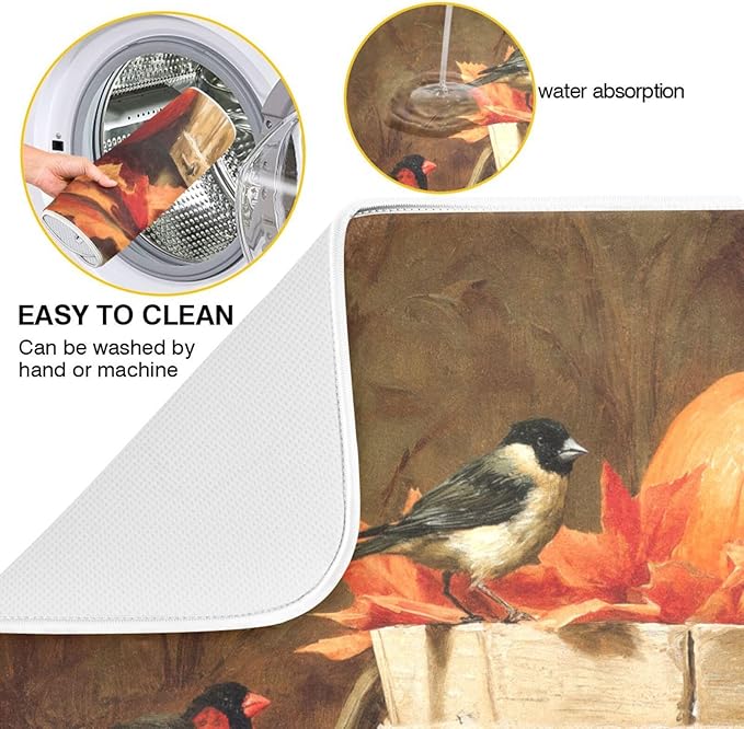 Pumpkins Autumn Leaves Birds Dish Drying Mat for Kitchen Counter Super Absorbent Dishes Pad Reversible Microfiber Protector Dish Draining Mats 16x18 inch