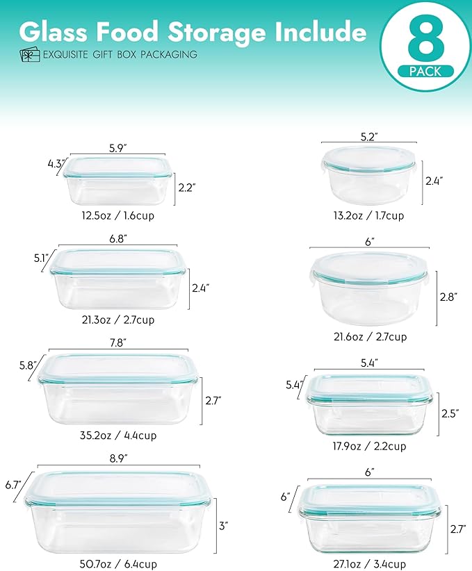 8-Piece Borosilicate Glass Food Storage Containers Set with Airtight Lids - Oven, Microwave & Freezer Safe, Leak-Proof, BPA-Free - Baking, Meal Prep & Gift Ready
