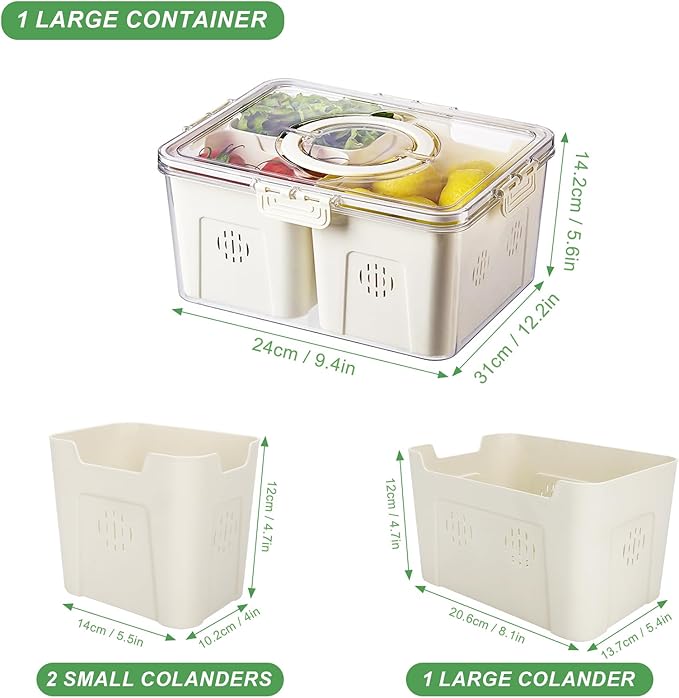 shopwithgreen Storage Containers for Fridge with Lid and Handle, Portable Food Box Container with 3 Removable Colanders, Fresh Produce Saver for Fruit, Vegetable, Refrigerator, Kitchen, Home, Picnic