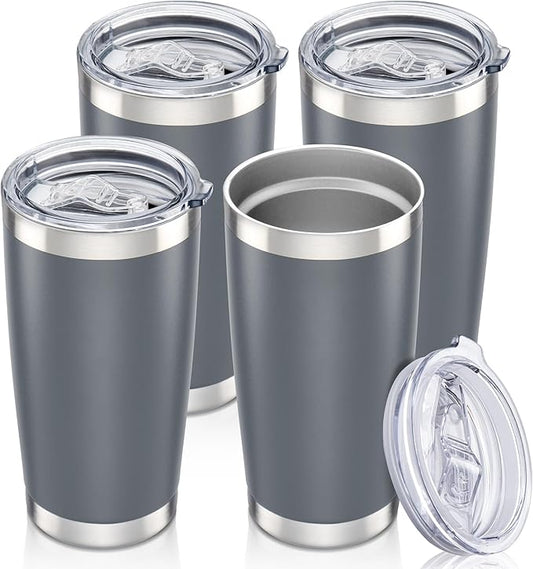 20 oz Tumbler with Lid Stainless Steel Insulated Tumblers Bulk Double Wall Vacuum Cups Powder Coated Travel Mug Keep Drinks Cold and Hot, Grey, 4 Pack