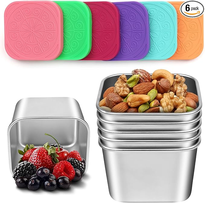 6 Pack 6oz Stainless Steel Snack Containers，304 food grade material,Easy-open, stackable, leak-proof snack containers with silicone lids are perfect for festival, school, and travel.