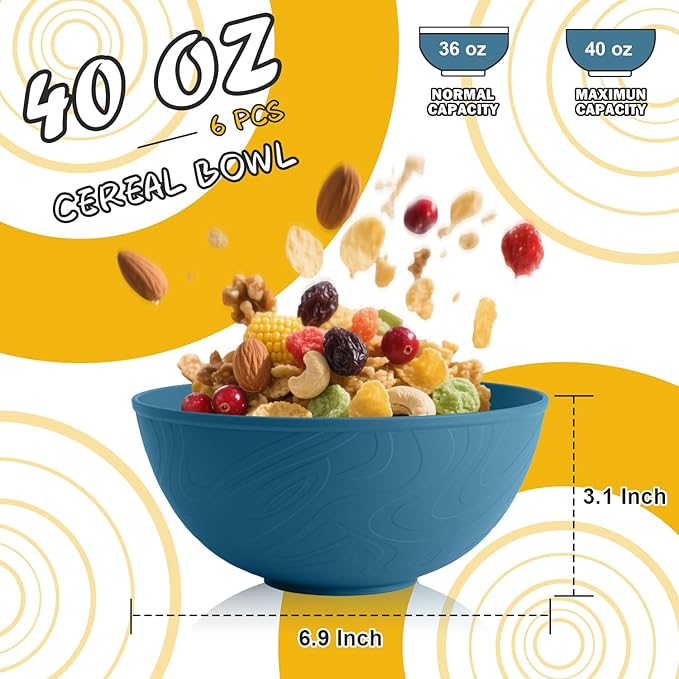 Cereal Bowls 40 OZ Set of 6, Unbreakable Lightweight Bowls Set, Microwave & Dishwasher Safe, Plastic Reusable Cereal Bowls for Soup, Salad, Noodle, Snack, Fruit, Blue