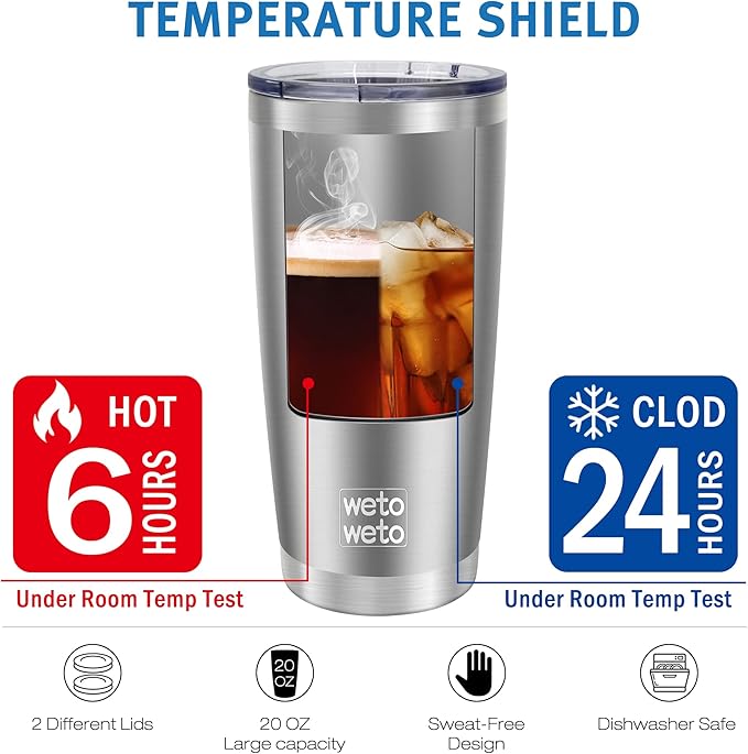 WETOWETO 20oz Tumbler, Stainless Steel Vacuum Insulated Coffee Travel Mug, Double Wall Powder Coated Insulated Coffee Mug Travel Mug with Lid Thermal Cup for Outdoor, Stainless steel, 6 Pack