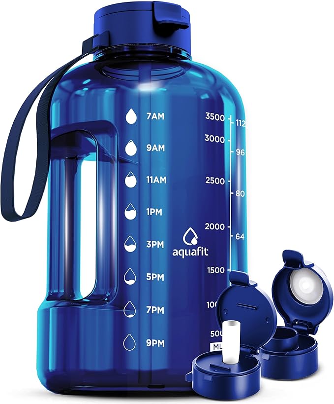 AQUAFIT 1 Gallon Water Bottle with Time Marker - Straw & Chug Lid - BPA Free Gym Water Bottle with Straw - Big Gallon Jug (Blue, 128 oz - 2 Lids)