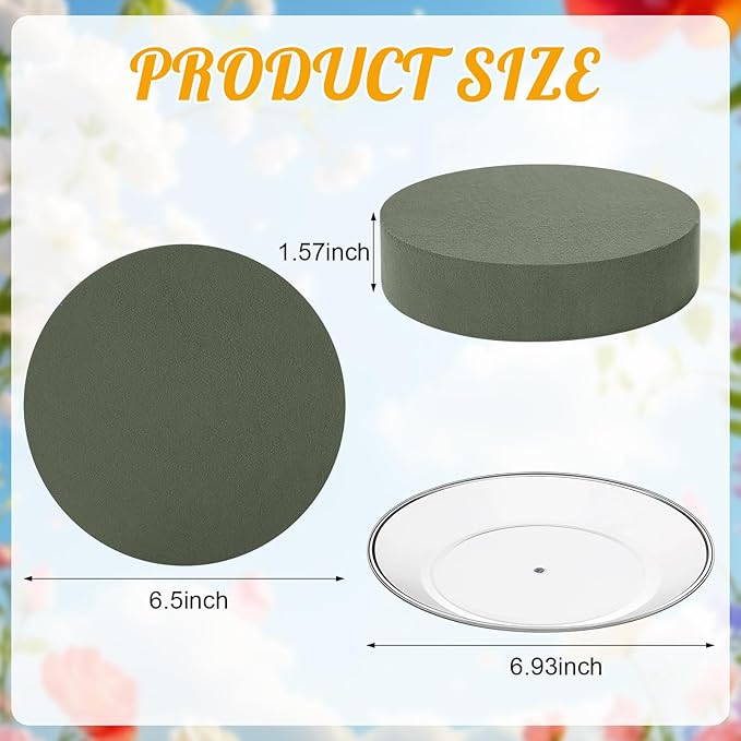 6 Sets Round Floral Foam and Clear Plastic Saucer Plant Drip Tray Floral Flower Dish Green Foam for Artificial Flowers Wedding Home Party Decoration (7.5 Inches)