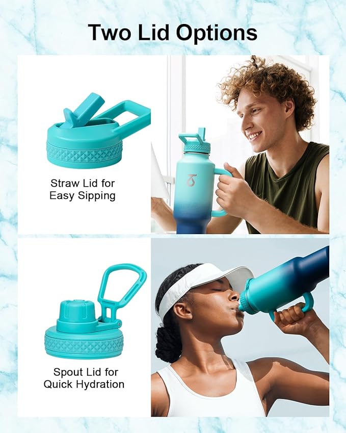 Trebo 40 oz Water Bottle Insulated Fit Car Cup Holder with Handle, Stainless Steel Retro Bottles Tumbler with Straw Lids, Vacuum Double Wall,Keep 24hrs Cold,Leakproof Reusable Travel Flask