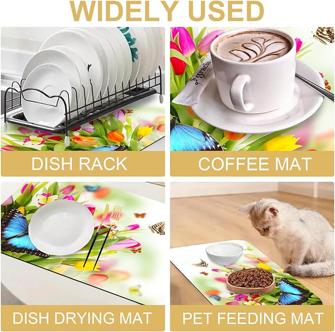 Tulips Butterflies Dish Drying Mats for Kitchen Counter Absorbent Fast Dry Dish Drainer Rack Mats for Dishes Utensils Pot and Pan, Kitchen Accessories 20"x12"