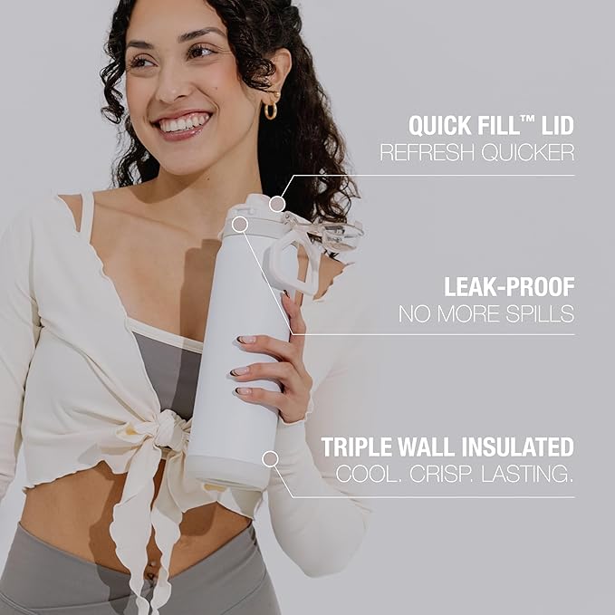 ZULU Powerfill Pro 40oz Stainless Steel Water Bottle with Quick Fill Lid, Triple Walled Vacuum Insulated Metal, Leak Proof Locking Lid, Sip and Chug, Reusable BPA Free, White