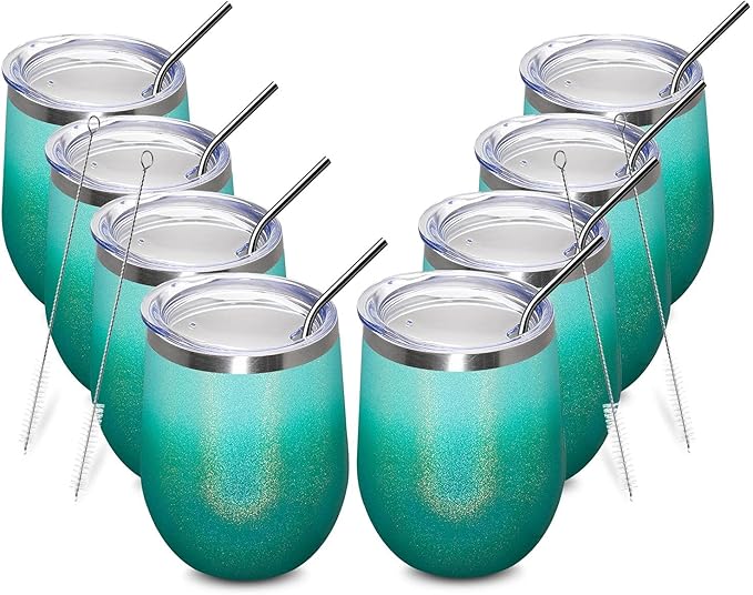 MEWAY 12oz/8 Pack Wine Tumbler Glasses with Lid - Stemless Double Wall Vacuum Stainless Steel Glitter Tumbler - Keeping Cold & Hot Cup for Coffee,for Women(Gradient Blue,Set of 8)