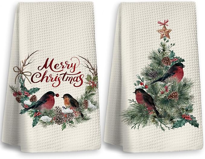 Christmas Kitchen Towels, Christmas Dish Towels Set of 2,Red Bird Christmas Tree Tea Towels for Kitchen,Christmas Hand Towels for Bathroom,Gifts for Women,Housewarming Gifts 16×24 Inches