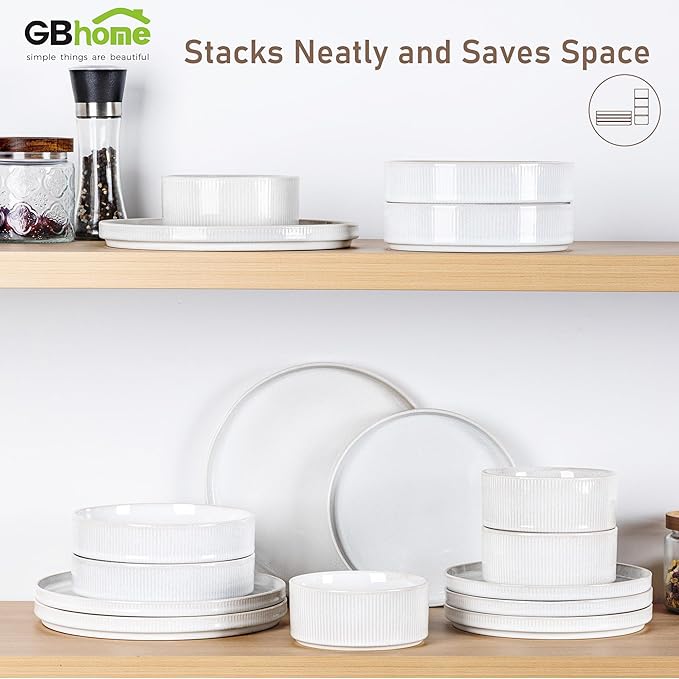 GBHOME Stoneware Dinnerware Sets for 8,Round Reactive Glaze Ceramic Plates and Bowls Set,Highly Scratch Resistant| Dishwasher & Microwave Safe Dishes Set,Service for 8(24Pcs)
