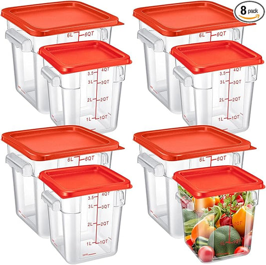 Suclain 8 Pack 4 QT and 6 QT Food Storage Containers with Lids Scales Handles Square Clear Restaurant Food Storage Containers Polycarbonate Commercial Grade for Kitchen Marinating Meat Dough(Red)