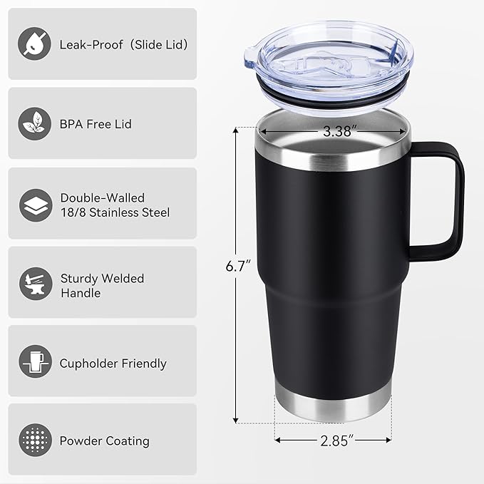 20oz Tumbler with Lid, Stainless Steel Tumbler with Handle, Metal Insulated Travel Coffee Mug with Handle, Double Wall Vacuum Spill Proof Tumbler Cup, Black 1 Pack