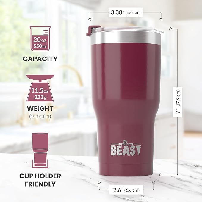 Beast 20 oz Tumbler Stainless Steel Vacuum Insulated Coffee Ice Cup Double Wall Travel Flask (Cranberry Red)