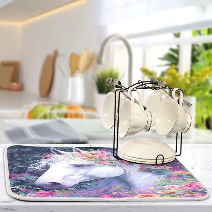 White Horse with Colorful Flowers Dish Drying Mat for Kitchen Counter Super Absorbent Dishes Pad Reversible Microfiber Protector Dish Draining Mats 18x24 inch