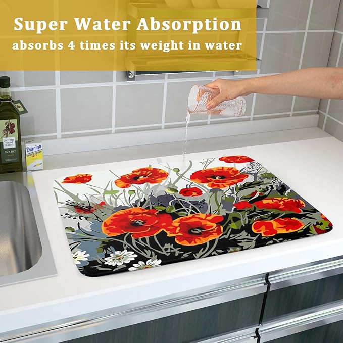 Poppy Dish Drying Mat 18x24 inch for Kitchen Vintage Red Orange Floral Dish Drying Pad Oil Painting Flower Dish Drainer Mats Absorbent Microfiber Protector for Countertop Coffee Bar