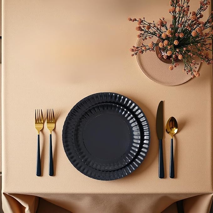 TP 8 inch Plates Set of 8, Melamine Round Plates for Salad Appetizer Dinner Lunch, Dessert Dishes for Indoors and Outdoors, Black