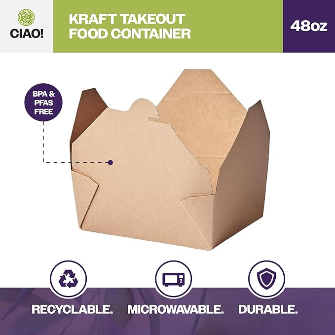 CIAO! Kraft Take Out Microwavable Food Containers, 48 oz No.8 (300/case)