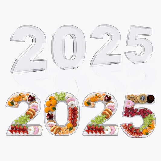 4Pcs Acrylic 2025 Charcuterie Board Box, 11” Reusable Fillable Number Plates for Cake Candy Dessert, Food Serving Tray for Christmas New Year Graduation Anniversary Party Decoration