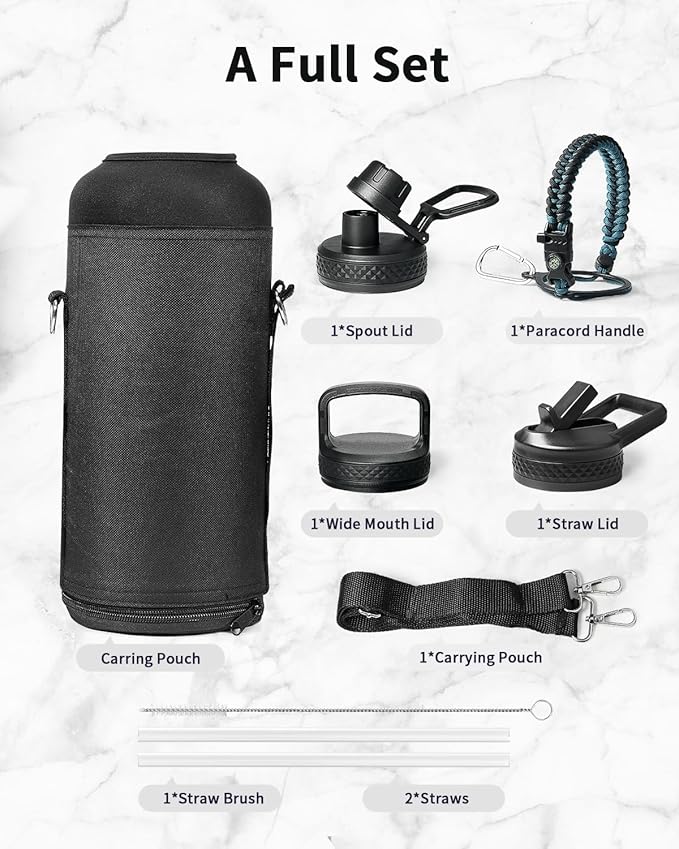 Trebo Water Bottle Insulation 87 oz, Vacuum Stainless Steel Water Jug (Keep Cold for 48 Hrs), LeakProof & Non-BPA, Water Flask with Paracord Handle & Straw Spout Lids, Indigo/Black