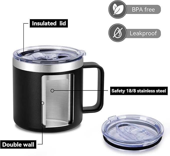 VEGOND 14 oz Insulated Stainless Steel Travel Coffee Mug with Handle, Black 4 Pack