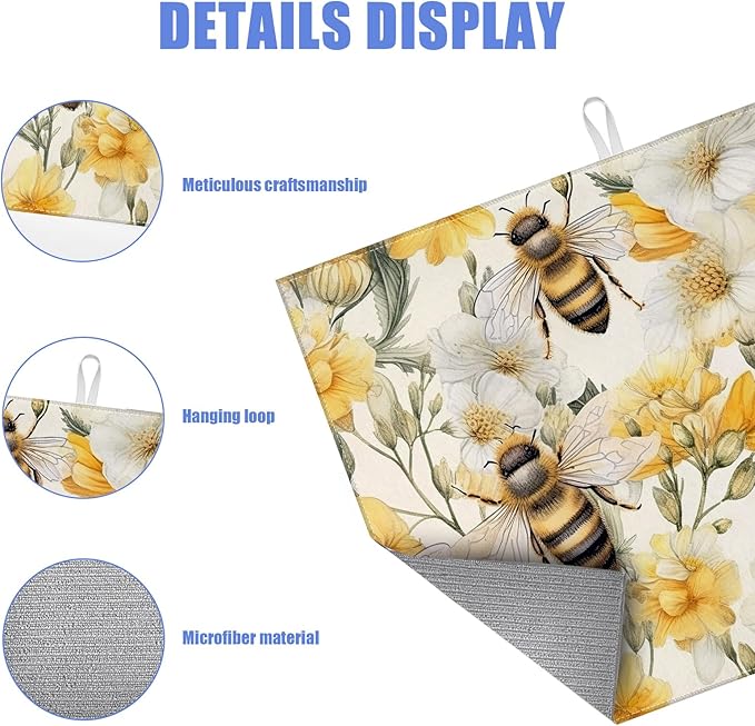 Watercolor Bee Floral Dish Drying Mat for Kitchen Counter Drying Pad Absorbent Reversible Dish Drainer Rack Mats Draining Pad 18"x24"Inch