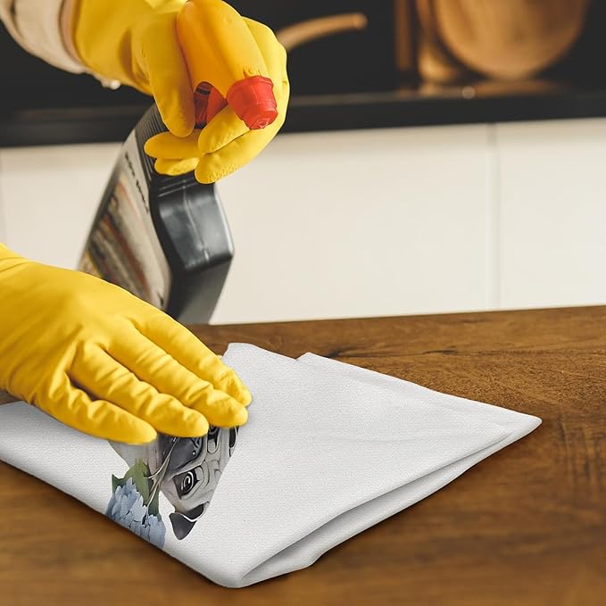 Blue Chinoiserie Hydrangea Pug Dog Kitchen Towels, Pug Lover Gifts Dish Tea Towels for Kitchen Decor, Dog Lovers Mom Gifts Decorative Hand Towel for Bathroom, 16x24 Inch