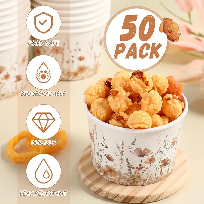50 Pack Fall Wild Flowers Treat Snack Cups Fall Floral Paper Ice Cream Cups 9 oz Watercolor Disposable Dessert Bowls for Hot or Cold Food Autumn Wedding Baby Shower Birthday Party Supplies