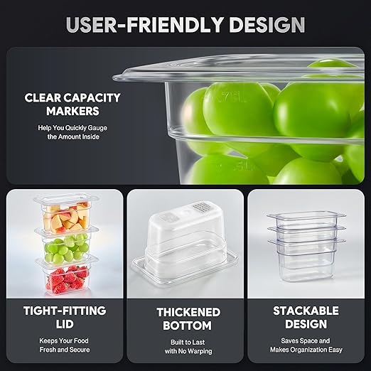 WILPREP 6 Pack Plastic Food Pans with Lids, 1/9 Size 4 in Deep Clear Food Storage Containers, 1.1 qt Stackable Polycarbonate Commercial Hotel Pans for Fruits Vegetables Beans Corns, NSF Listed