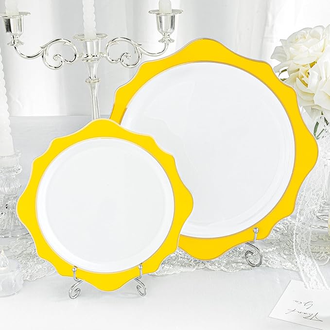 100 PCS White and Yellow Disposable Plates for 50 Guests, Scalloped Plastic Plates Include 50 Dinner Plates and 50 Dessert Plates for Party, Wedding