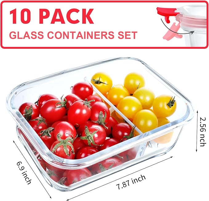 VERONES 10 Pack Glass Meal Prep Containers 2 Compartment Set, 36OZ Airtight Lunch Containers, Glass Food Storage Containers with Lids, for Microwave, Oven, Freezer & Dishwasher Friendly,Red