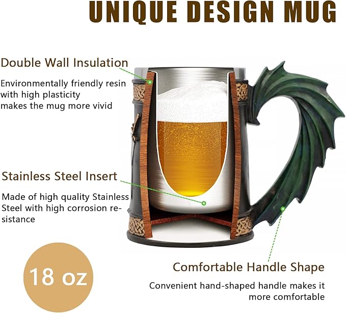 18oz Gift Green Dragon with Sword Beer Mug Stainless Steel Coffee Mug Norse Gothic Decor Viking Festival Gift GOT Dragon Decor