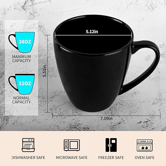 39oz Large Coffee Mug Ceramic Tea Cup for Office and Home Big Capacity with Handle set of 2(black)