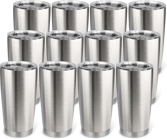 20oz Stainless Steel Tumbler Bulk with Lid, Travel Mug - Double Wall Vacuum Powder Coated Cup - Stainless steel, 12 Pack