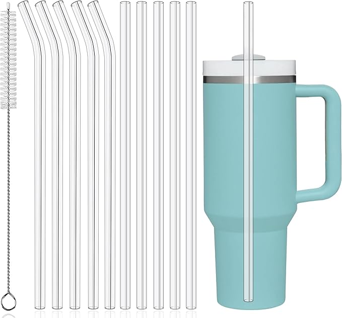 PROOCI 12" Reusable Straws for Stanley/Yeti 30oz-40oz Cup Tumbler, 10-Pack Long Plastic Straws with Cleaning Brush, Clear Bend Replacement Straw for Drinking Smoothie, Milkshake | Food Grade Tritan