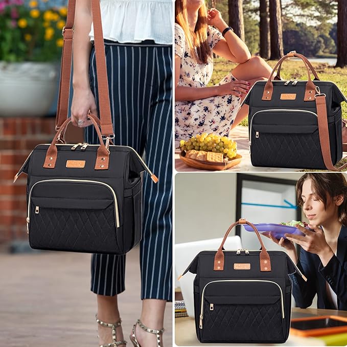 AIJIEKE Lunch Bag for Women, Large Lunch Box for Work Insulated Lunch Bag, Adult Leakproof Lunch Tote Cooler Bag with Side Pockets & Adjustable Strap, Lunch Purse for Picnic Beach, Black