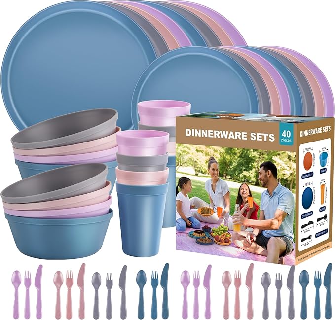 40-Piece Unbreakable Kids Dinnerware Set for Toddlers & Children, BPA-Free & Easy-Clean PP Plates and Bowls, Microwave & Dishwasher Safe, Complete Family Pack (Service for 8)