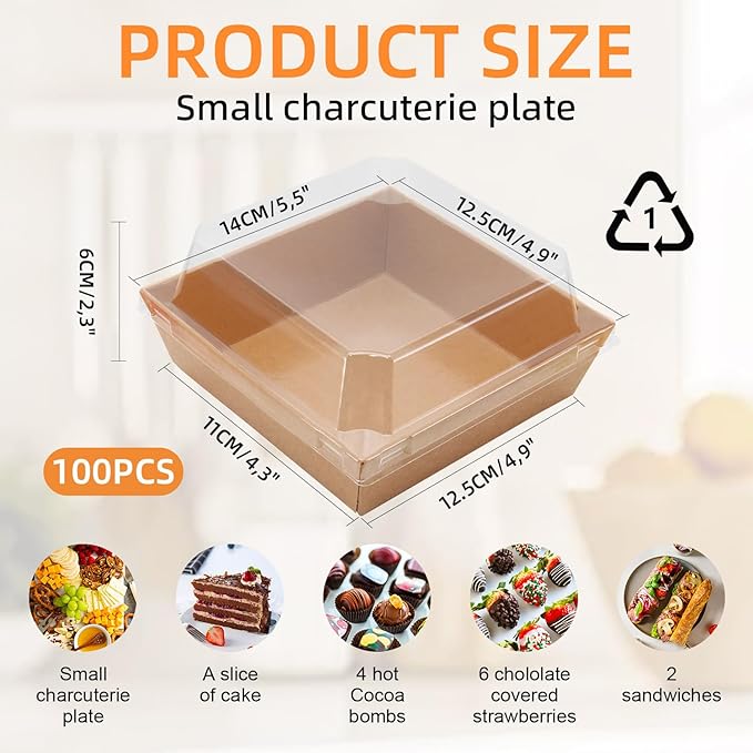 100 Pack Small Paper Charcuterie Boxes with Clear Lids, Square Disposable Food Containers with Lids for Desserts, Sandwich, Sushi, Cake Slice and Strawberries