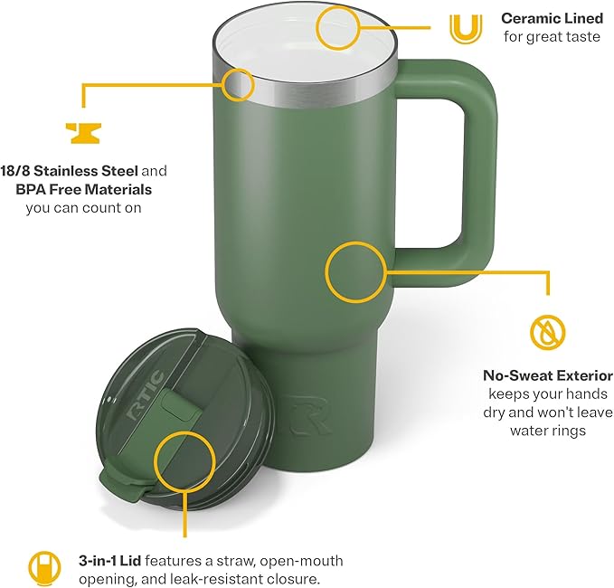 RTIC 30 oz Road Trip Tumbler Double-Walled Ceramic Lined InsulatedStainless Steel Portable Travel Coffee Mug Cup with Lid, Handle and Straw, Sage
