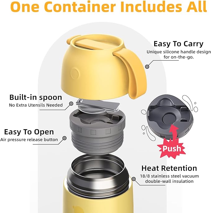 Thermo for Hot Food for Adults Kids | Wide Mouth, 18 oz Insulated Food Jar with Spoon, Leakproof Soup Thermo for School Office Travel, Thermal Steel Lunch Container Easy to Carry (Yellow)