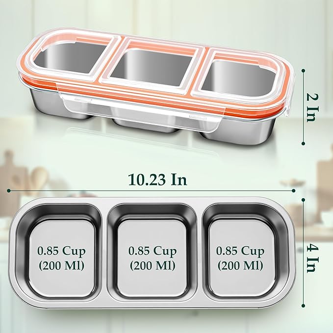 QCQHDU Snack Containers, Reusable Stainless Steel 3 Compartment Condiment Metal Bento Lunch Box with Lids, Divided Snack Food Storage Lunchable Containers for Home, Work, Travel, Camping, 1 Pack