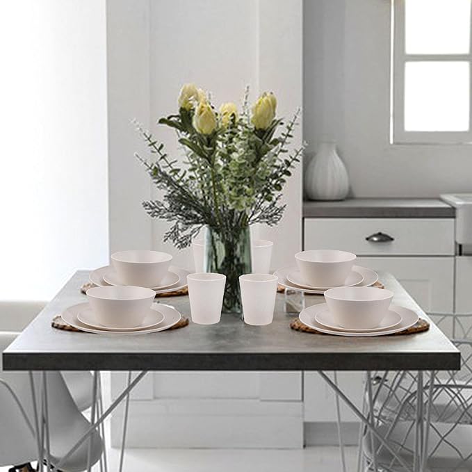 Supernal 32pcs Wheat Straw Dinnerware Sets Cream Color,Plates and Bowls Sets,Beige Plastic Dinnerware Sets, Dish Set for 8 with 25pcs Gold Napkins, Dishwasher Safe Plates