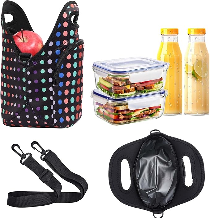 CILLA Neoprene Lunch Bag for Women Insulated Lunch Tote Bags Washable Lunch Container Box Picnic Lightweight Meal Prep Bags(Small Colored Dots+)