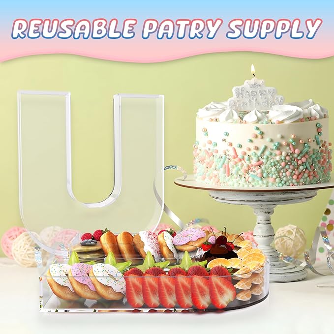 11" Acrylic Letter Charcuterie Box, Reusable Fillable Alphabet Number Shaped Form Tray for Birthday Anniversaries, Party Decorative Serving Plates Display Candy Cake (U)