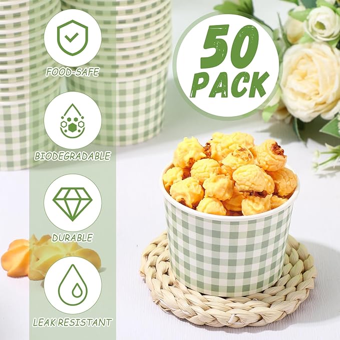 50 Pack Green Gingham Ice Cream Cups 9 oz Green and White Checkered Disposable Dessert Bowls Paper Soup Bowls Plaid Snack Cups for Hot or Cold Food for Baby Shower Wedding Birthday Supplies