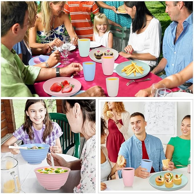 12pcs Plastic Wheat Straw Dinnerware Sets, Wheat Straw Plates and Bowls Sets for 4 College Dorm Room Essentials Microwave Dishwasher Safe (Colourful)